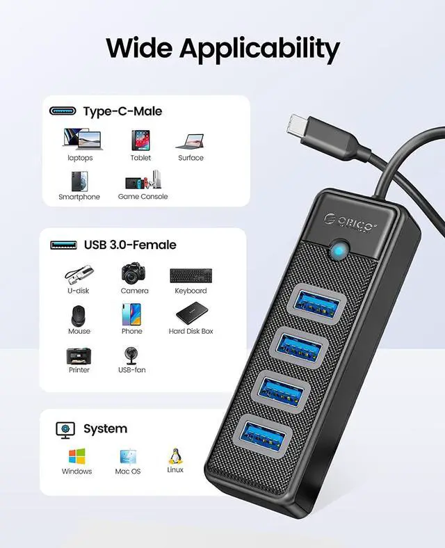 Alt view image 2 of 6 - ORICO USB C to 4 Ports USB 3.0 HUB 5Gbps High Speed Multi Type C Splitter Ultra-Slim OTG Adapter 100cm Cable For PC Computer Accessories Macbook Pro