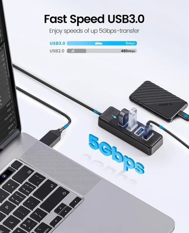 Alt view image 4 of 6 - 4-Port USB 3.0 Hub ORICO Ultra-Slim Data USB Splitter with 3.28ft Extended Cable, for Laptop, PC, MacBook, Mac Pro, Mac Mini, iMac, XPS, Xbox, Flash Drive, Surface Pro and More USB Devices