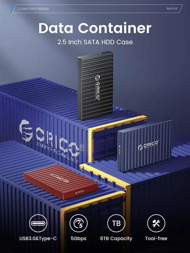 Alt view image 2 of 7 - ORICO 2.5 inch Hard Drive Enclosure, USB C to SATAIII 5Gbps Tool-Free External Hard Drive Enclosure for 7mm/9.5mm 2.5" SSD HDD Support UASP and TRIM Protocols