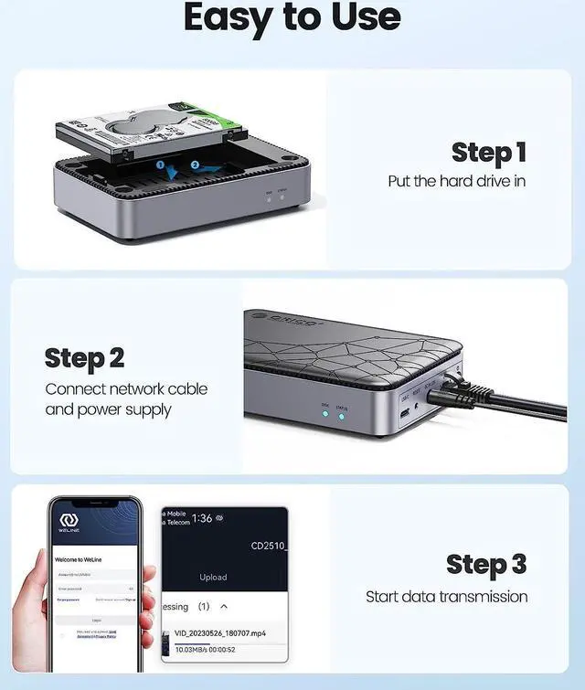 Alt view image 2 of 7 - ORICO Networkable Hard Drive Enclosure for 2.5" SATA HDD/SSD, Family Storage Space and Private Cloud, APP-Connect & VPN Global Access, Smart Backup, Magnetic Lid Connection, CD2510(diskless)