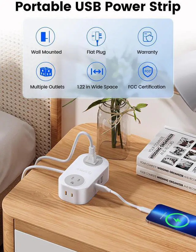 Alt view image 2 of 7 - USB C Power Strip, ORICO Charging Station with 4 Outlets 2 USB A & 1 USB C Ports, 10 Ft Flat Extension Cord Power Cube for iPhone /iWatch/iPad,Travel Cruise Apartment College Dorm Room Essentials