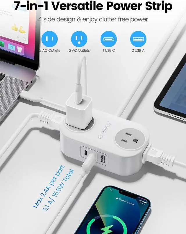 Alt view image 3 of 7 - USB C Power Strip, ORICO Charging Station with 4 Outlets 2 USB A & 1 USB C Ports, 10 Ft Flat Extension Cord Power Cube for iPhone /iWatch/iPad,Travel Cruise Apartment College Dorm Room Essentials