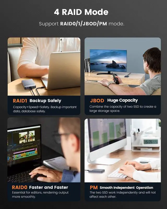 Alt view image 5 of 7 - ORICO Portable 2 Bay M.2 SATA SSD Dock with RAID Support PM/Raid0/Raid1/JBOD Mode , Tool Free USB Type C to M.2 NGFF SATA SSD Adapter, USB3.1 Data Storage Backup for SSD Size 2230/2242/2260/2280
