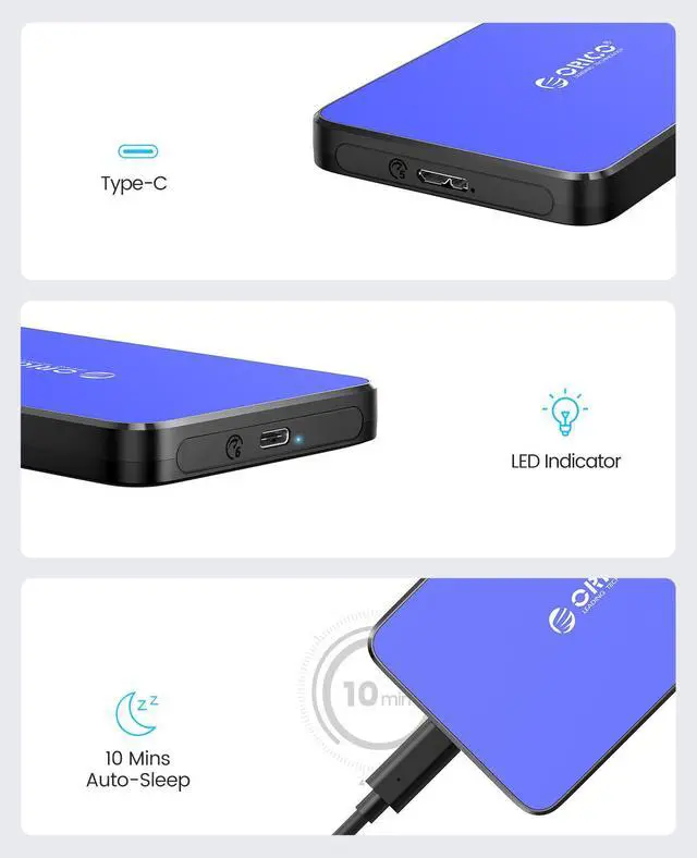 Alt view image 3 of 5 - ORICO 2.5 Inch Hard Drive Enclosure USB C, 6Gbps USB 3.1 Gen 1 External SATA Drive Case for 2.5inch 9.5mm 7mm SSD HDD Up to 6TB, Tool Free UASP Blue