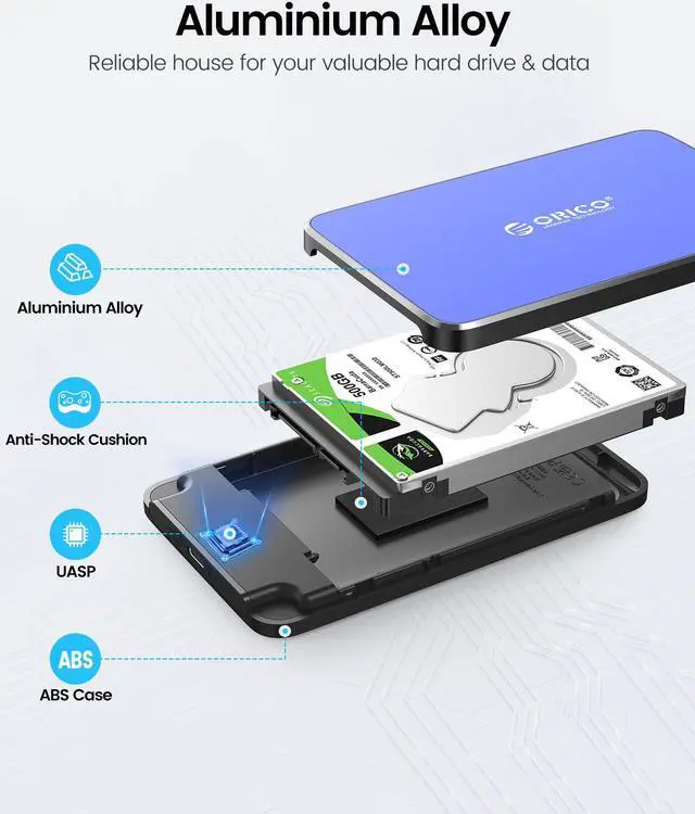 Alt view image 4 of 5 - ORICO 2.5 Inch Hard Drive Enclosure USB C, 6Gbps USB 3.1 Gen 1 External SATA Drive Case for 2.5inch 9.5mm 7mm SSD HDD Up to 6TB, Tool Free UASP Blue