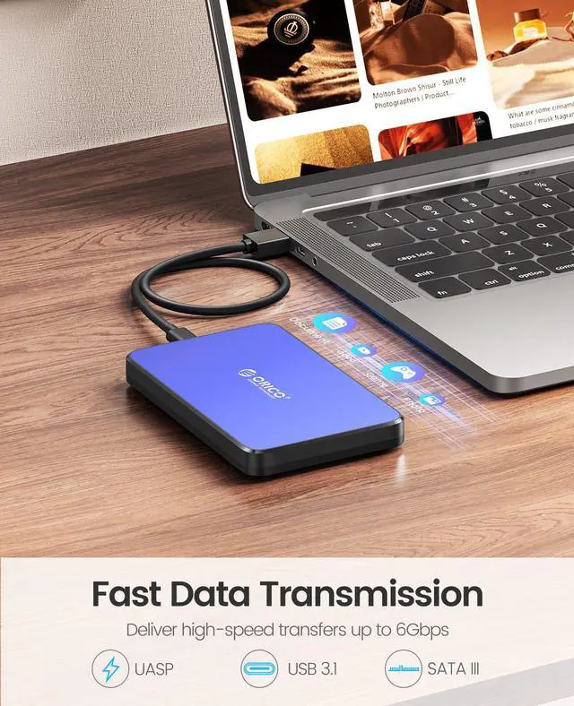 Alt view image 2 of 5 - ORICO 2.5 Inch Hard Drive Enclosure USB C, 6Gbps USB 3.1 Gen 1 External SATA Drive Case for 2.5inch 9.5mm 7mm SSD HDD Up to 6TB, Tool Free UASP Blue