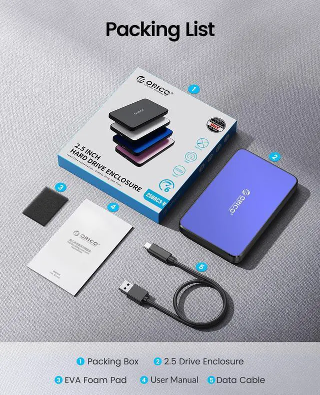 Alt view image 5 of 5 - ORICO 2.5 Inch Hard Drive Enclosure USB C, 6Gbps USB 3.1 Gen 1 External SATA Drive Case for 2.5inch 9.5mm 7mm SSD HDD Up to 6TB, Tool Free UASP Blue