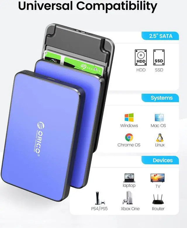 Alt view image 3 of 7 - ORICO Tool Free 2.5 inch USB 3.0 SATA External Hard Drive Enclosure for 2.5" SATA HDD and SSD Support UASP and 6TB Drive Max -Blue