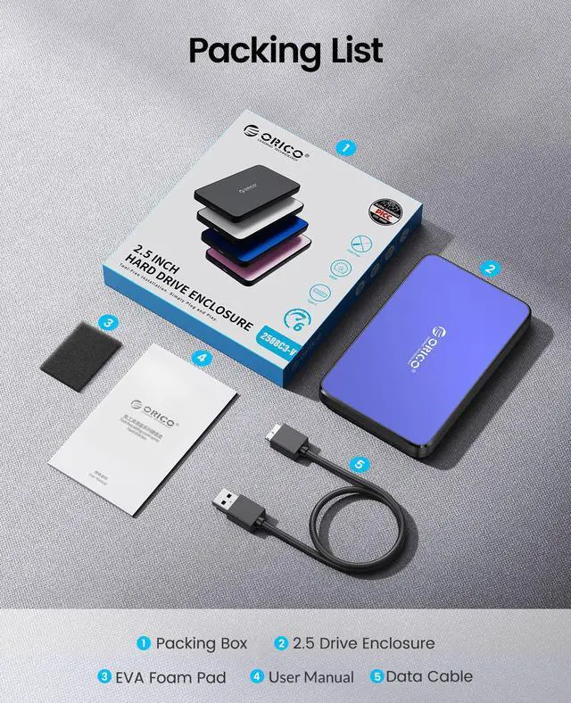 Alt view image 7 of 7 - ORICO Tool Free 2.5 inch USB 3.0 SATA External Hard Drive Enclosure for 2.5" SATA HDD and SSD Support UASP and 6TB Drive Max -Blue