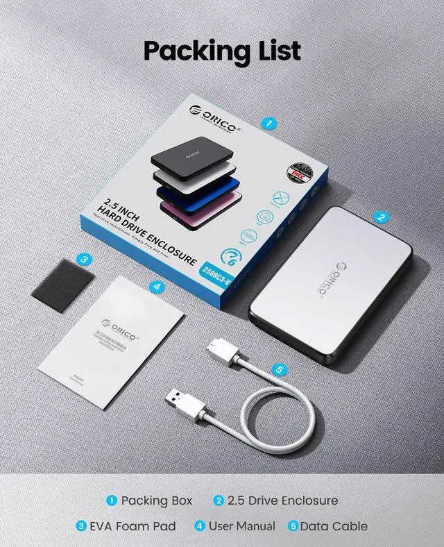 Alt view image 7 of 7 - ORICO Slim Portable 2.5-Inch USB 3.0 External Hard Drive Enclosure with LED Indicator for  9.5mm 2.5-Inch SATA HDD with Cable Attachment