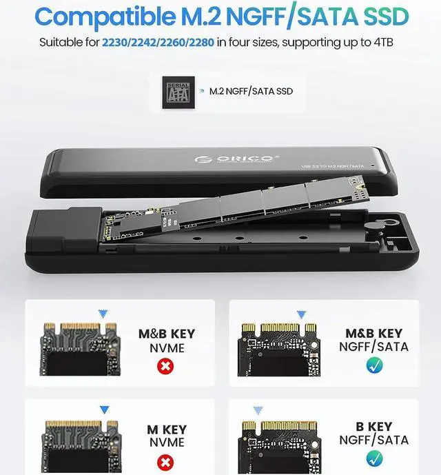 Alt view image 4 of 7 - ORICO M.2 SATA SSD Enclosure, Tool Free USB 3.2 Type C 5Gbps External Solid State Enclosure Adapter Case for 2280/2260/2242/2230 B Key /B+M Key M.2 NGFF SSD with UASP, Trim, Smart(NOT for NVMe)