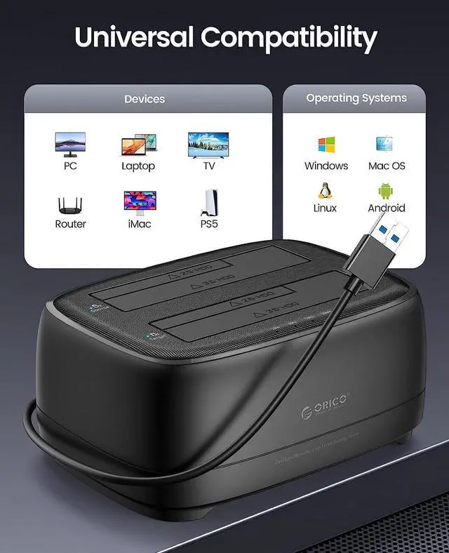 Alt view image 7 of 7 - ORICO Dual Bay External Hard Drive Docking Station USB 3.0 to SATA with Duplicator/ Offline Clone Function HDD Dock for 2.5/3.5 inch HDD SSD Plug&Play Support UASP Max Up to 36TB