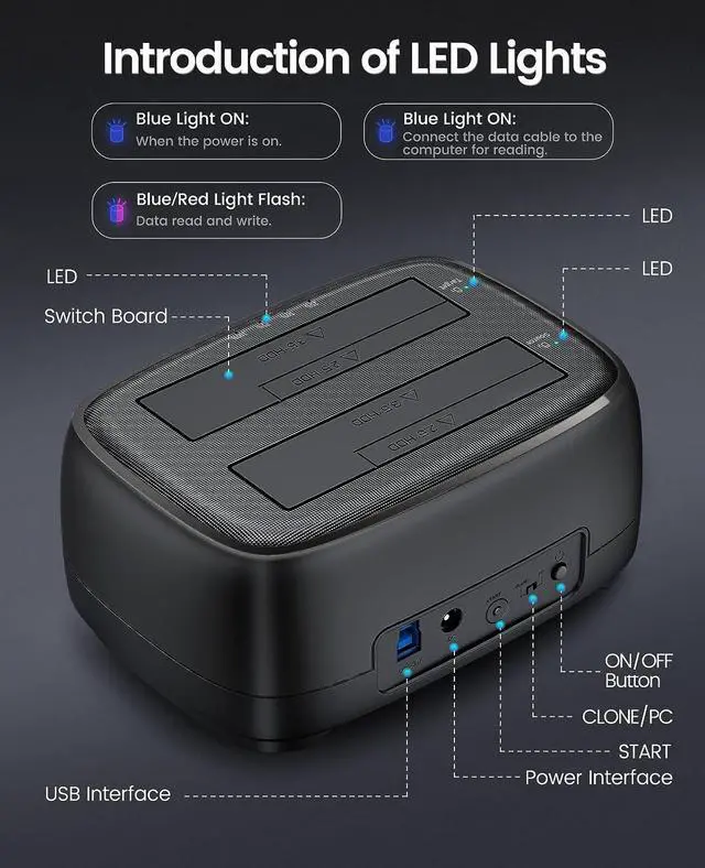 Alt view image 2 of 7 - ORICO Dual Bay External Hard Drive Docking Station USB 3.0 to SATA with Duplicator/ Offline Clone Function HDD Dock for 2.5/3.5 inch HDD SSD Plug&Play Support UASP Max Up to 36TB