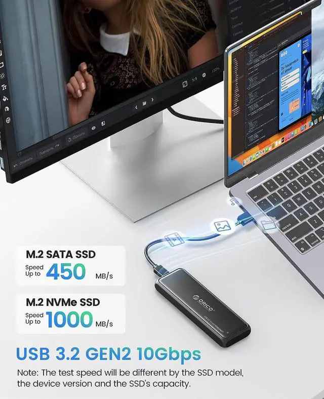 Alt view image 2 of 7 - ORICO M.2 NVMe SATA SSD Enclosure Adapter, Tool Free USB C 3.2 Gen 2 10Gbps NVMe Case, 5Gbps NGFF SATA Reader for PCIe M-Key(B+M Key) 2230/2242/2260/2280 SSDs, Support UASP Trim Smart