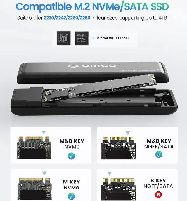 Alt view image 3 of 7 - ORICO M.2 NVMe SATA SSD Enclosure Adapter, Tool Free USB C 3.2 Gen 2 10Gbps NVMe Case, 5Gbps NGFF SATA Reader for PCIe M-Key(B+M Key) 2230/2242/2260/2280 SSDs, Support UASP Trim Smart