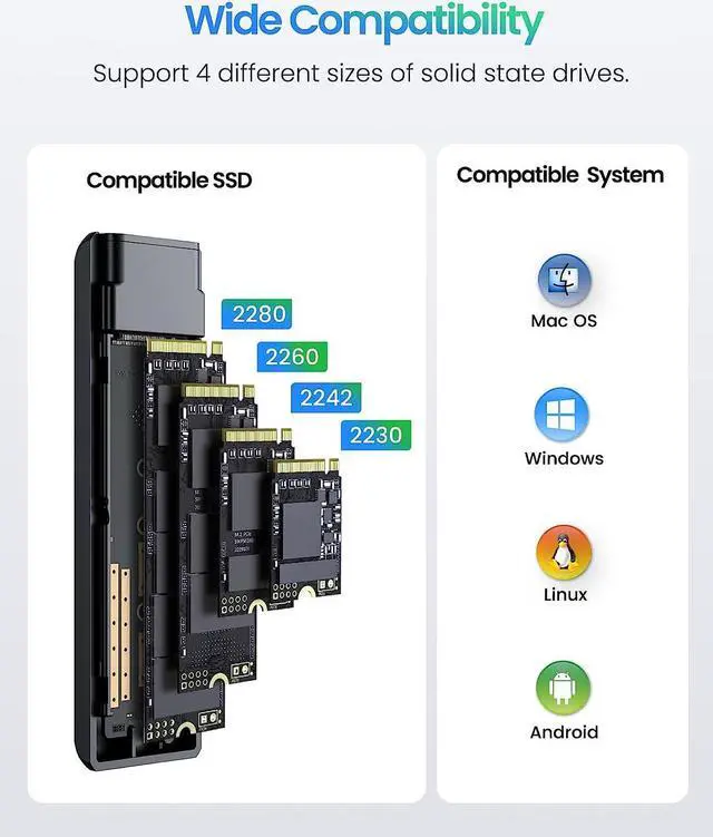Alt view image 6 of 7 - ORICO M.2 NVMe SATA SSD Enclosure Adapter, Tool Free USB C 3.2 Gen 2 10Gbps NVMe Case, 5Gbps NGFF SATA Reader for PCIe M-Key(B+M Key) 2230/2242/2260/2280 SSDs, Support UASP Trim Smart