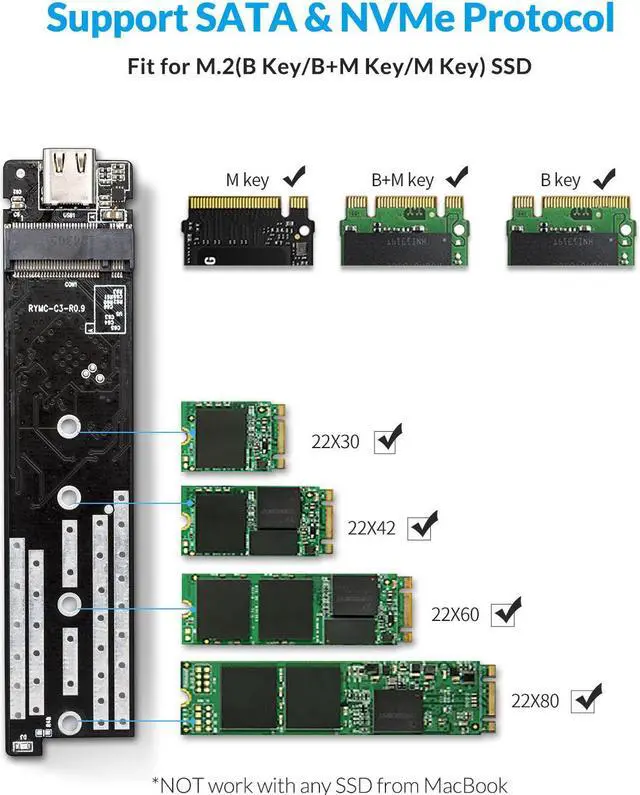 Alt view image 5 of 7 - ORICO M.2 NVMe SATA SSD Enclosure Adapter USB3.2 Gen2 Type C 10Gbps NVME, 6Gbps NGFF SATA 2230/2242/2260/2280 with Type C to A and Type C to C Cable [TCM2M-C3]