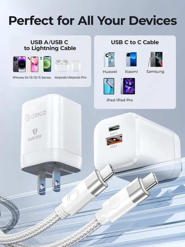 Alt view image 2 of 7 - ORICO GaN Charger 35W USB C Charger Block for Fast Charging PD3.0 Double port Compact Foldable GaN Charging Station for iPhone 14/14 Pro/14 Pro Max/13 Pro/13 Pro Max, Galaxy, iPad-with 3.28 Ft Cable