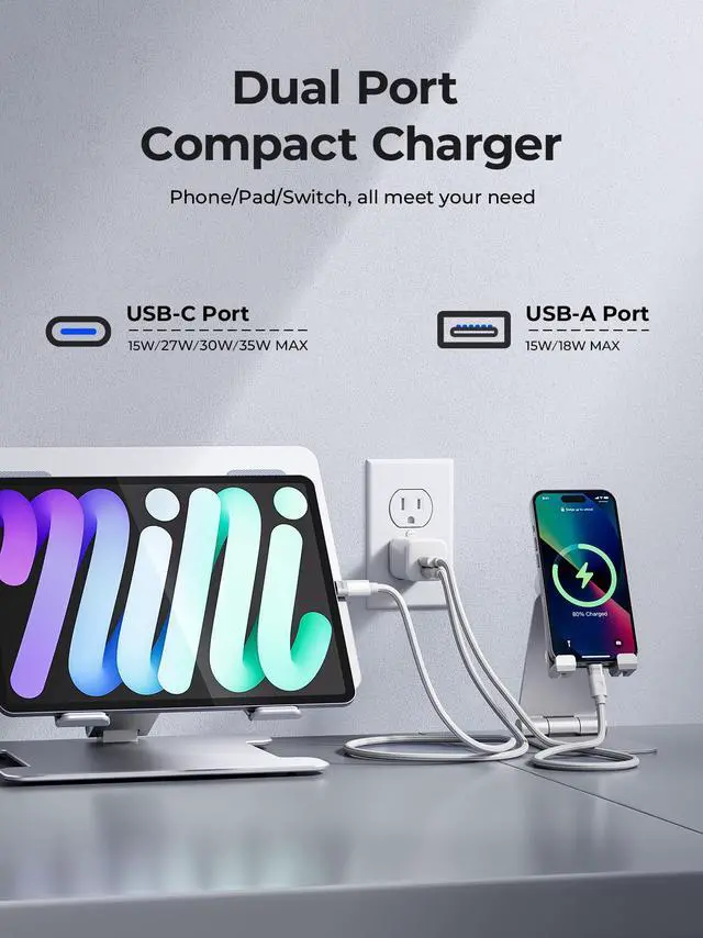 Alt view image 4 of 7 - ORICO GaN Charger 35W USB C Charger Block for Fast Charging PD3.0 Double port Compact Foldable GaN Charging Station for iPhone 14/14 Pro/14 Pro Max/13 Pro/13 Pro Max, Galaxy, iPad-with 3.28 Ft Cable