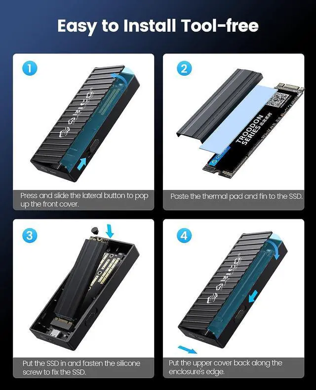 Alt view image 6 of 7 - ORICO M.2 NVMe SSD Enclosure, 10Gbps USB C Adapter, USB 3.2 M.2 NVMe Reader, External SSD Case Thunderbolt 3 Compatible, Supports 4TB 2230/2242/2260/2280 PCIe M-Key SSDs Tool-Free