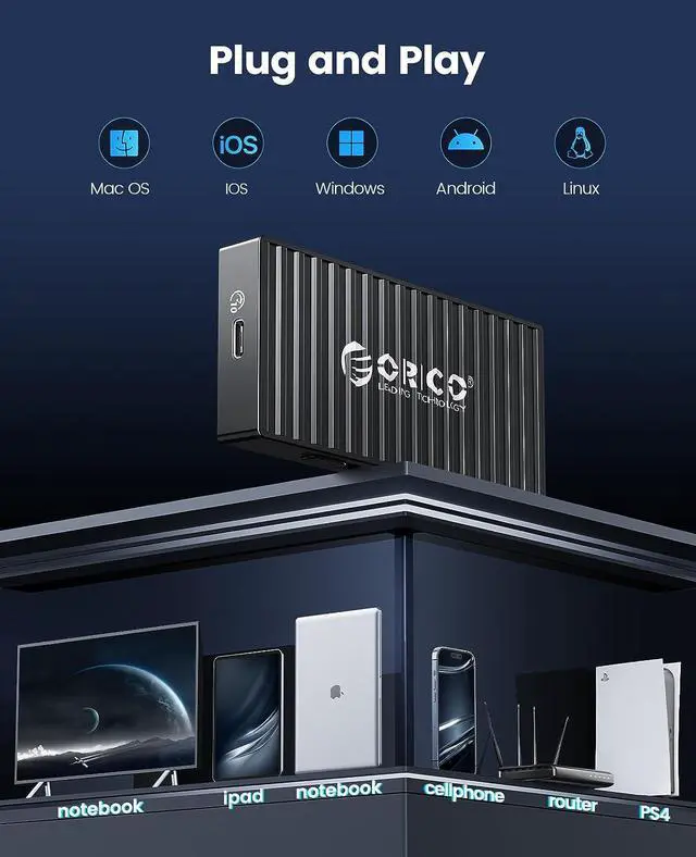 Alt view image 2 of 7 - ORICO M.2 NVMe SSD Enclosure, 10Gbps USB C Adapter, USB 3.2 M.2 NVMe Reader, External SSD Case Thunderbolt 3 Compatible, Supports 4TB 2230/2242/2260/2280 PCIe M-Key SSDs Tool-Free