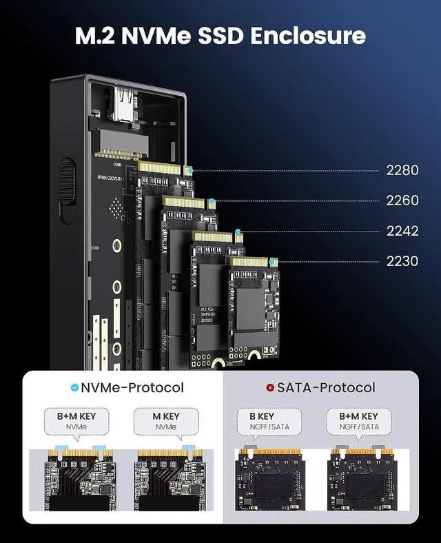 Alt view image 4 of 7 - ORICO M.2 NVMe SSD Enclosure, 10Gbps USB C Adapter, USB 3.2 M.2 NVMe Reader, External SSD Case Thunderbolt 3 Compatible, Supports 4TB 2230/2242/2260/2280 PCIe M-Key SSDs Tool-Free