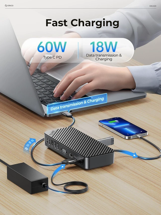 Alt view image 6 of 7 - ORICO Enterprise-Level 20-in-1 Universal Docking Station USB C 3.1Gen2 10Gbps with HDMI 4K &VGA&DP, 60W PD Charging, 3.5mm Audio RJ45 USB 3.0 & 2.0 Ports, SD TF Card Reader, Ethernet for Windows, Mac