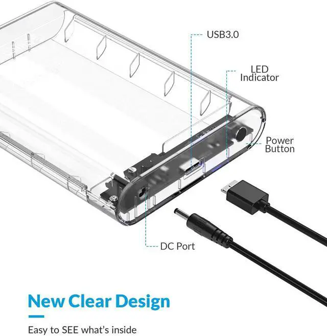 Alt view image 5 of 7 - ORICO Transparent 3.5 inch HDD Enclosure External Hard Drive Disk Case for 2.5" 3.5" SATA HDD and SSD Tool Free [ Support UASP and 16TB Drives ]