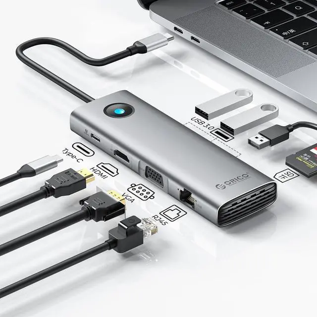 Main image of USB C Docking Station Dual Monitor, ORICO 10 in 1 Laptop Docking Station with HDMI 4K, VGA, 3 USB Port, PD 100W, SD&TF, 3.5mm Audio, Gigabit Ethernet Type C Multiport Adapter for Windows Mac(Grey)