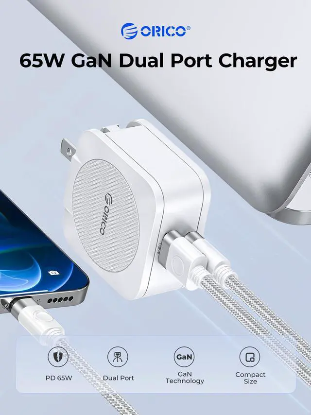 Alt view image 2 of 7 - ORICO GaN USB C Charger with USB C Cable, 65W Power Delivery + QC3.0 USB A Double Port Fast Charging Adapter, Mini Wall Charger for iPhone 15 14 13 Pro Max Galaxy, iPad, MacBook Air