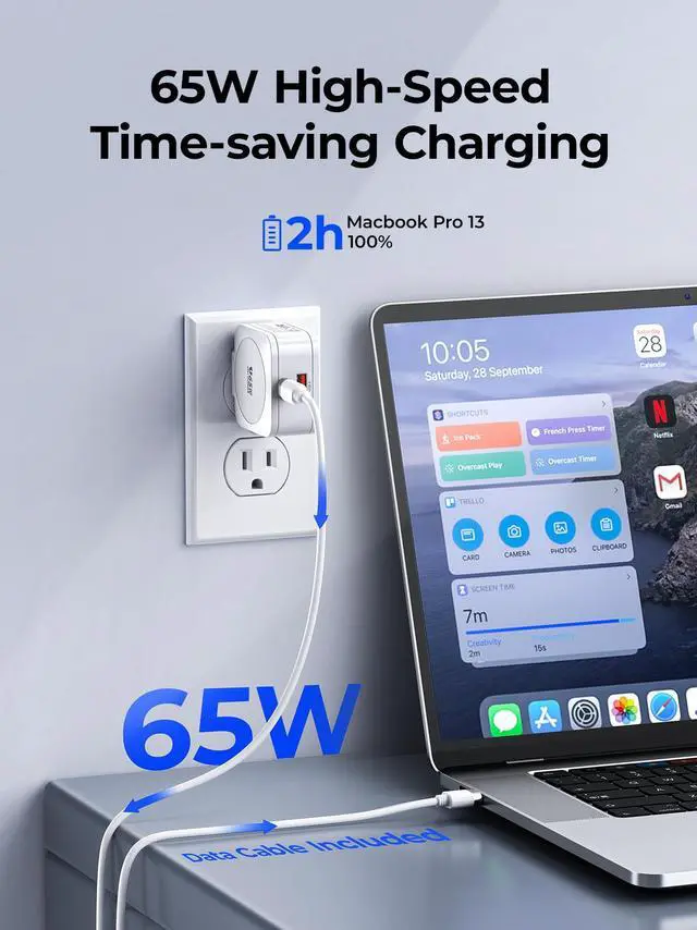 Alt view image 3 of 7 - ORICO GaN USB C Charger with USB C Cable, 65W Power Delivery + QC3.0 USB A Double Port Fast Charging Adapter, Mini Wall Charger for iPhone 15 14 13 Pro Max Galaxy, iPad, MacBook Air