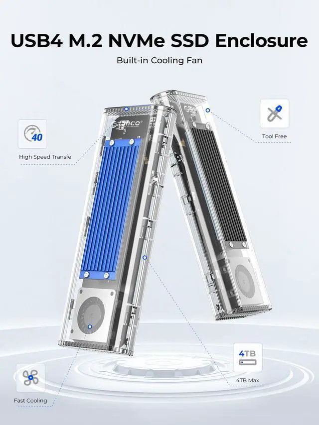 Alt view image 2 of 7 - ORICO 40Gbps M.2 NVMe SSD Enclosure & Built-in Cooling Fan, Tool-Free External SSD Enclosure M.2 SSD Case, Support 2230 2242 2260 2280(only M Key), Compatible with Thunderbolt 3/4 USB4/3.2/3.1/3.0/2.0