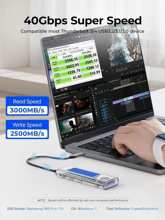 Alt view image 3 of 7 - ORICO 40Gbps M.2 NVMe SSD Enclosure & Built-in Cooling Fan, Tool-Free External SSD Enclosure M.2 SSD Case, Support 2230 2242 2260 2280(only M Key), Compatible with Thunderbolt 3/4 USB4/3.2/3.1/3.0/2.0
