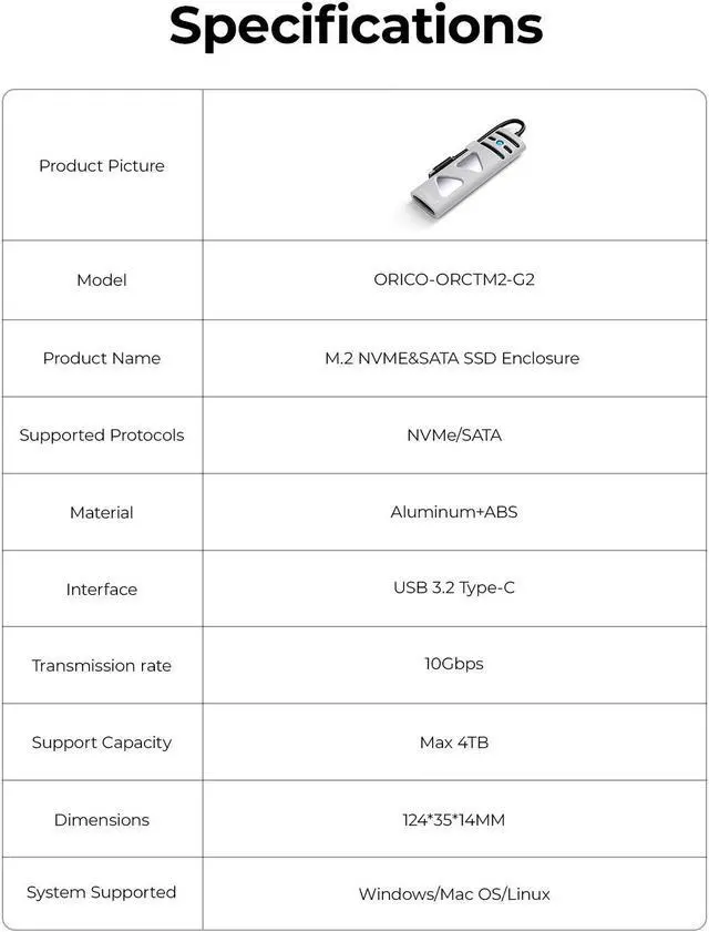 Alt view image 7 of 7 - ORICO Portable M.2 NVMe SSD Enclosure NVME SATA Dual Protocol Case Tool Free M.2 SSD Enclosure External for NVME PCIE NGFF SATA SSD Disk Box