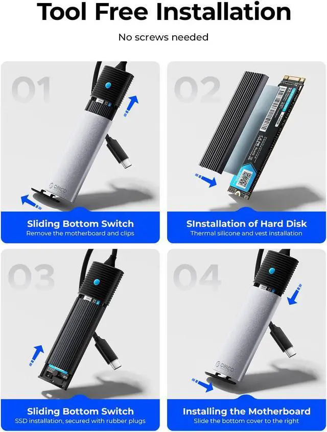 Alt view image 5 of 7 - ORICO Portable M.2 NVMe SSD Enclosure NVME SATA Dual Protocol Case Tool Free M.2 SSD Enclosure External for NVME PCIE NGFF SATA SSD Disk Box