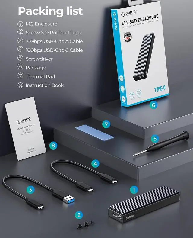 Alt view image 7 of 7 - ORICO M.2 NVMe SATA SSD Enclosure, USB 3.1 Gen 2 (10 Gbps) to NVMe PCI-E M.2 SSD Case Support UASP for NVMe SSD Size 2230/2242/2260/2280 (M.2 NVMe/SATA)
