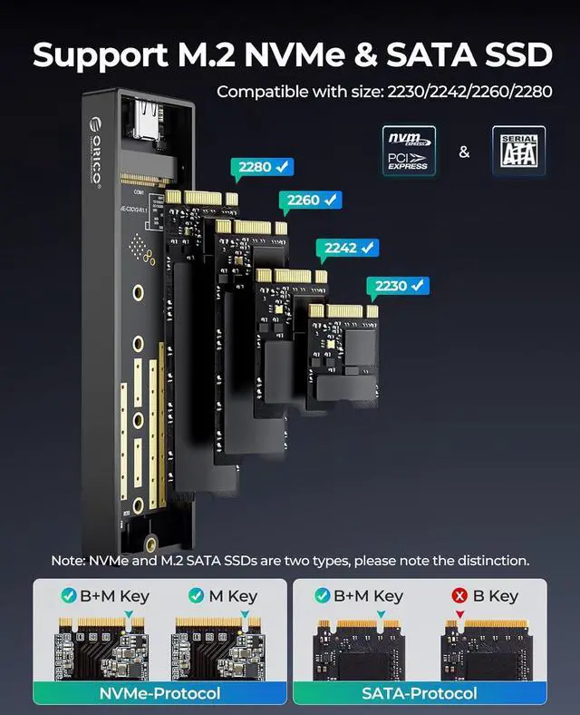 Alt view image 4 of 7 - ORICO M.2 NVMe SATA SSD Enclosure, USB 3.1 Gen 2 (10 Gbps) to NVMe PCI-E M.2 SSD Case Support UASP for NVMe SSD Size 2230/2242/2260/2280 (M.2 NVMe/SATA)