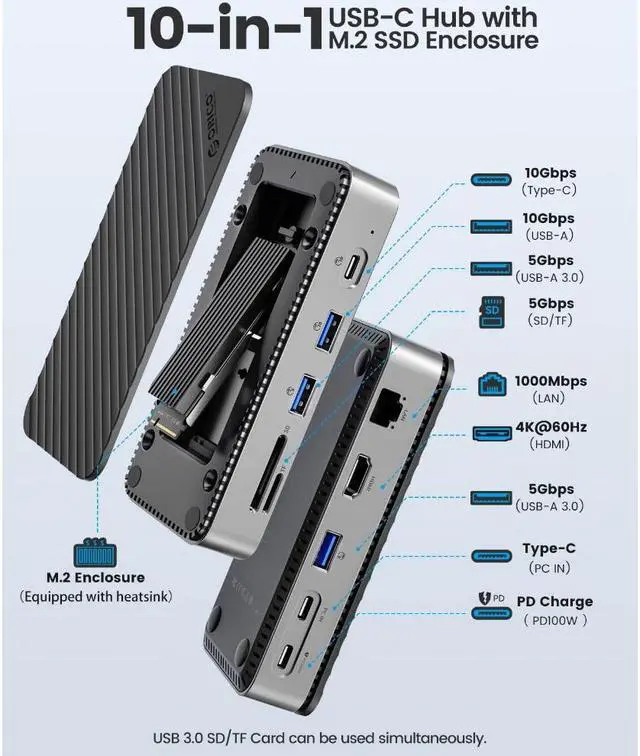 Alt view image 7 of 7 - ORICO USB C HUB with NVMe/SATA SSD Enclosure 10 In 1 Type C Docking Station PD 100W Charging USB3.2 10Gbps HDMI RJ45 SD/TF Adapter Compatible for MacBook HP Lenovo Laptops DPM2P9