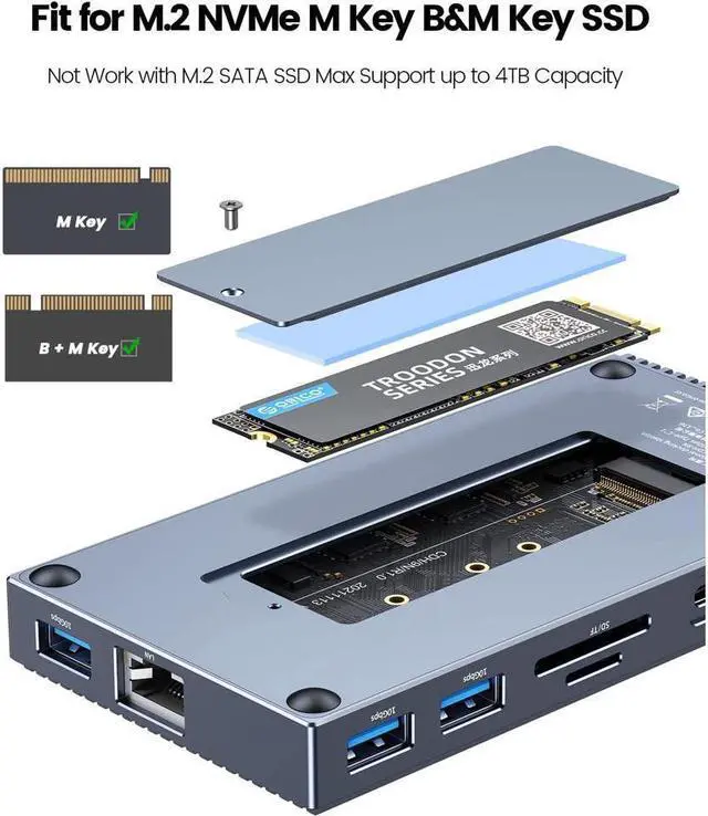 Alt view image 4 of 7 - ORICO M.2 NVMe SSD Enclosure(Max 4TB)  with USB-C Docking Station 9-in-1 USB-C Hub Adapter, PD 100W, 3 x 10Gbps USB3.1 USB-A, Type-C, 4K HDMI, TF/SD, Ethernet RJ45, Audio for MacBook/ Dell/HP Laptops
