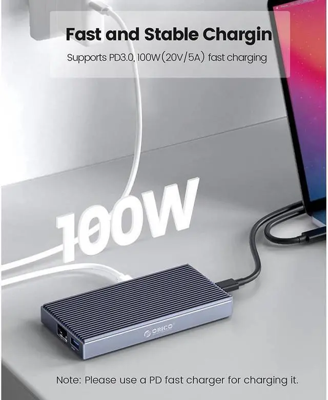 Alt view image 5 of 7 - ORICO M.2 NVMe SSD Enclosure(Max 4TB)  with USB-C Docking Station 9-in-1 USB-C Hub Adapter, PD 100W, 3 x 10Gbps USB3.1 USB-A, Type-C, 4K HDMI, TF/SD, Ethernet RJ45, Audio for MacBook/ Dell/HP Laptops