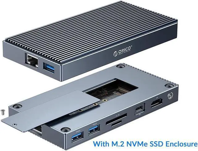 Alt view image 6 of 7 - ORICO M.2 NVMe SSD Enclosure(Max 4TB)  with USB-C Docking Station 9-in-1 USB-C Hub Adapter, PD 100W, 3 x 10Gbps USB3.1 USB-A, Type-C, 4K HDMI, TF/SD, Ethernet RJ45, Audio for MacBook/ Dell/HP Laptops