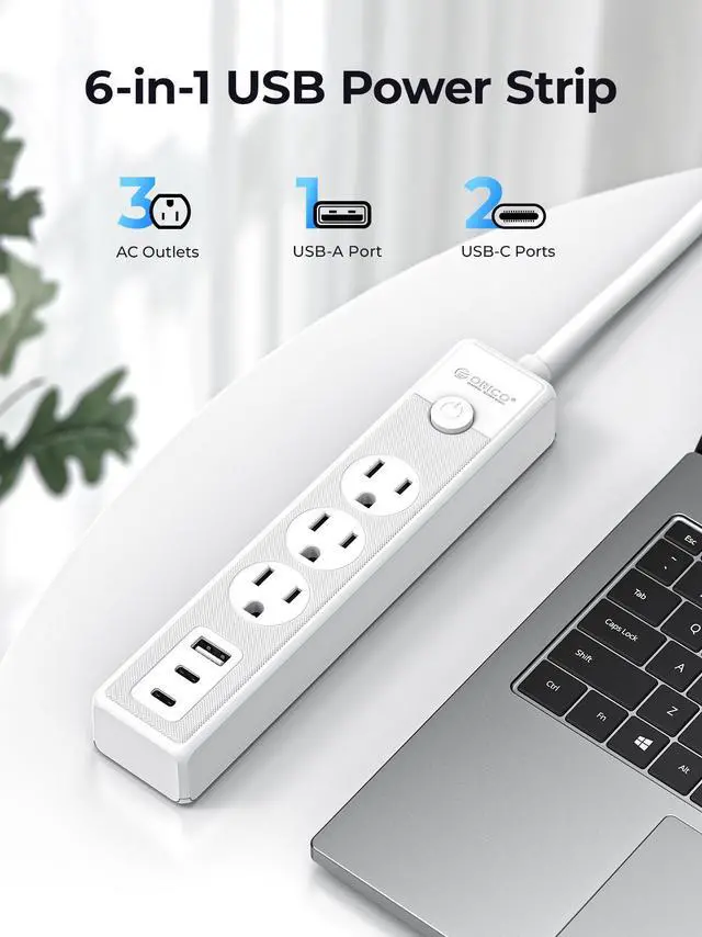 Alt view image 2 of 7 - ORICO Flat Plug Power Strip with 3 Widely Outlets 1 USB A Port 2 USB C Ports, 10 Ft Extension Cord, Multiple outlets for Indoor Home Office, Dorm Room Essentials Black 3 AC+1 USB A+2 USB C 1.65ft