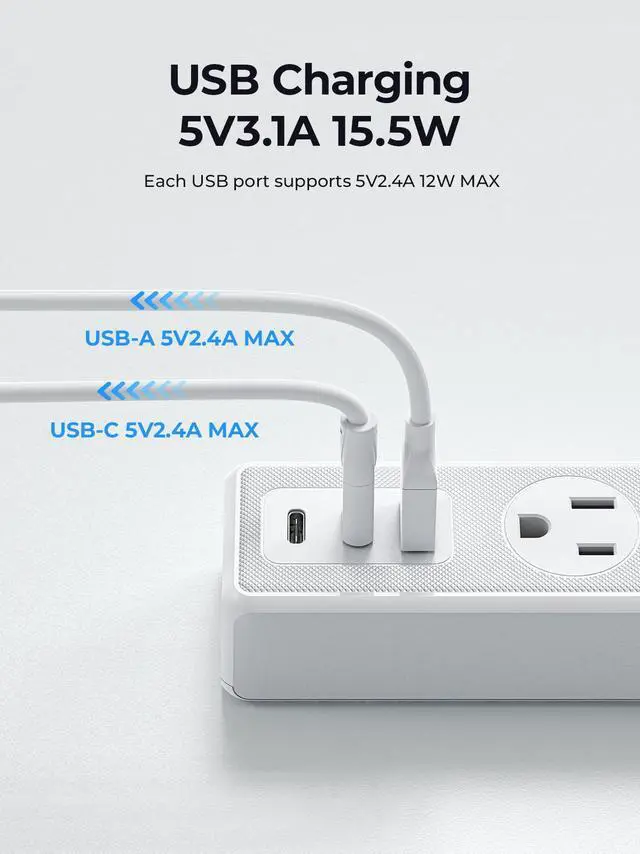 Alt view image 4 of 7 - ORICO Flat Plug Power Strip with 3 Widely Outlets 1 USB A Port 2 USB C Ports, 10 Ft Extension Cord, Multiple outlets for Indoor Home Office, Dorm Room Essentials Black 3 AC+1 USB A+2 USB C 1.65ft