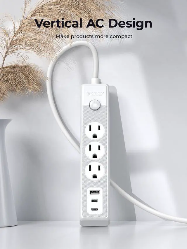 Alt view image 3 of 7 - ORICO Flat Plug Power Strip with 3 Widely Outlets 1 USB A Port 2 USB C Ports, 10 Ft Extension Cord, Multiple outlets for Indoor Home Office, Dorm Room Essentials Black 3 AC+1 USB A+2 USB C 1.65ft