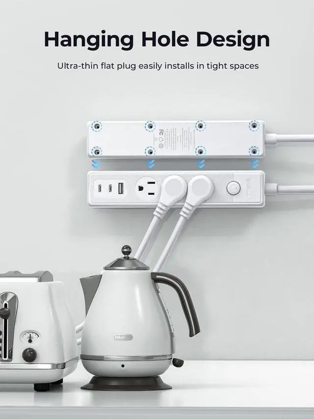 Alt view image 6 of 7 - ORICO Flat Plug Power Strip with 3 Widely Outlets 1 USB A Port 2 USB C Ports, 10 Ft Extension Cord, Multiple outlets for Indoor Home Office, Dorm Room Essentials Black 3 AC+1 USB A+2 USB C 1.65ft