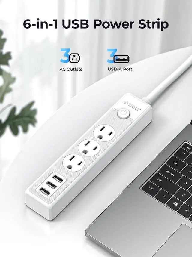 Alt view image 2 of 7 - ORICO Flat Plug Power Strip with 3 Widely Outlets 3 USB A Ports, 1.65 Ft Extension Cord, Multiple outlets for Indoor Home Office, Dorm Room Essentials White 3 AC+3 USB A 1.65ft