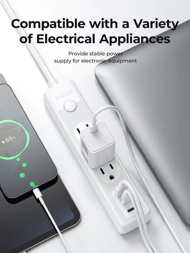 Alt view image 3 of 7 - ORICO Flat Plug Power Strip with 3 Widely Outlets 3 USB A Ports, 1.65 Ft Extension Cord, Multiple outlets for Indoor Home Office, Dorm Room Essentials White 3 AC+3 USB A 1.65ft
