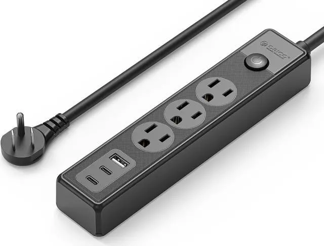 Main image of ORICO Flat Plug Power Strip with 3 Widely Outlets 1 USB A Port 2 USB C Ports, 10 Ft Extension Cord, Multiple outlets for Indoor Home Office, Dorm Room Essentials Black 3 AC+1 USB A+2 USB C 1.65ft