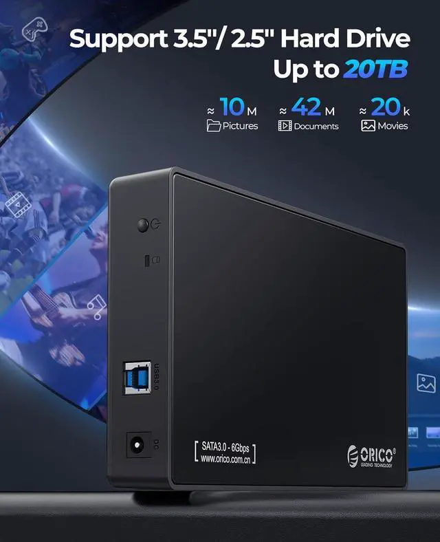 Alt view image 4 of 7 - ORICO USB 3.0 External Hard Drive Enclosure for 3.5/2.5 Inch SATA Hard Drives/SSD Up to 20 TB, 3.5'' Tool-Free HDD Enclosure with 12V/2A Power Supply and UASP Acceleration (3588US3)