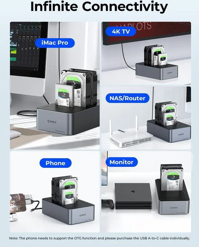 Alt view image 6 of 7 - ORICO 80TB USB C to SATA I/II/III 4 Bay External Hard Drive Enclosure Docking Station for 2.5 or 3.5 inch HDD, SSD with Hard Drive Duplicator/Cloner Function Aluminum